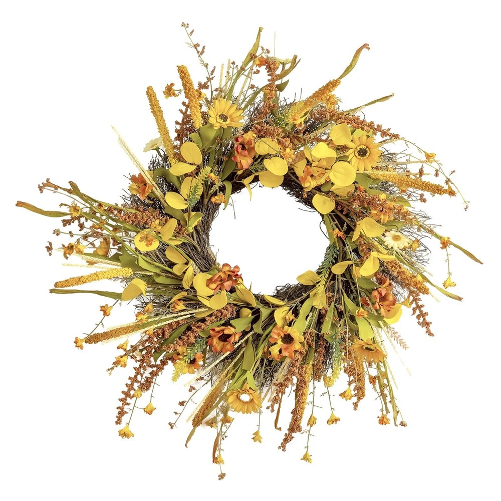 EclecticArt 24-Inch Fall Wreath for Front Door with Autumn Leaves & Berries
