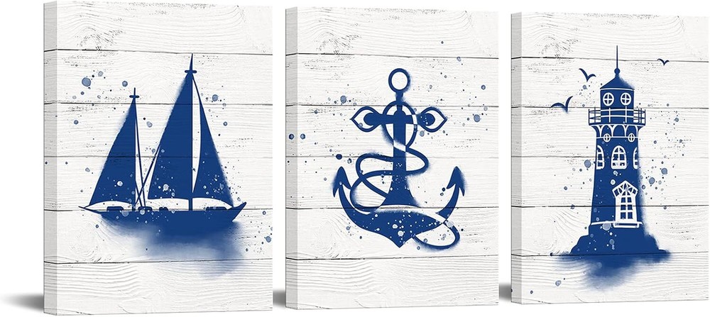 Nautical Bathroom Decor Wall Art Blue Anchor Sailboat Lighthouse Canvas Picture