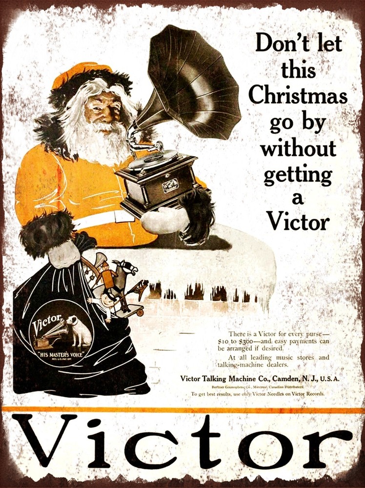 Vintage 1919 Santa Victor Victrola Phonograph Metal Sign 9x12