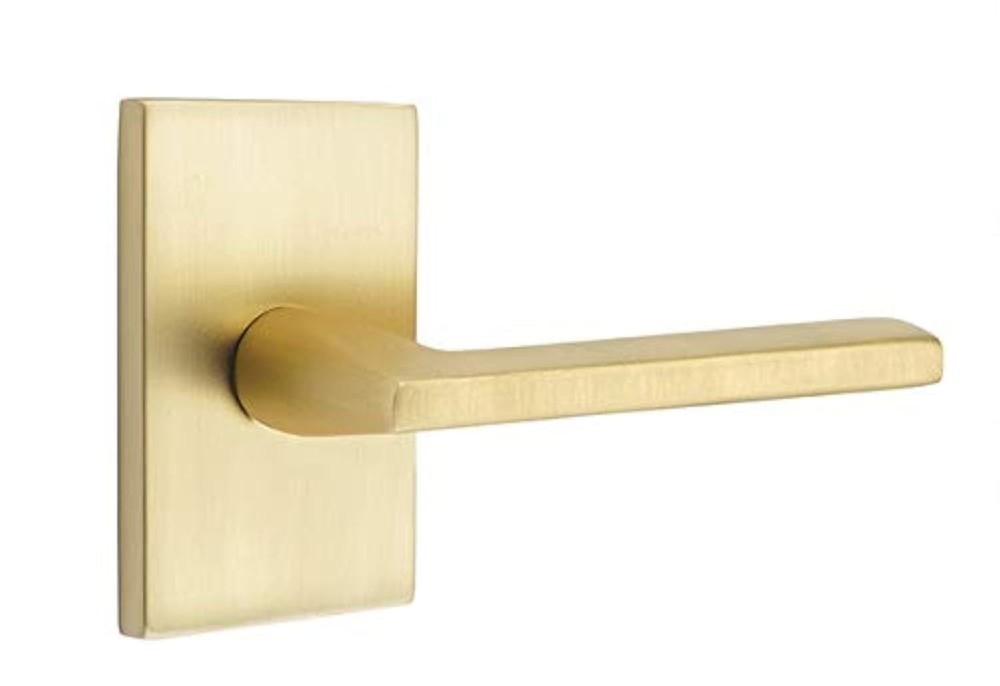 Modern Rectangular Rosette Helios Lever in Satin Brass RH  