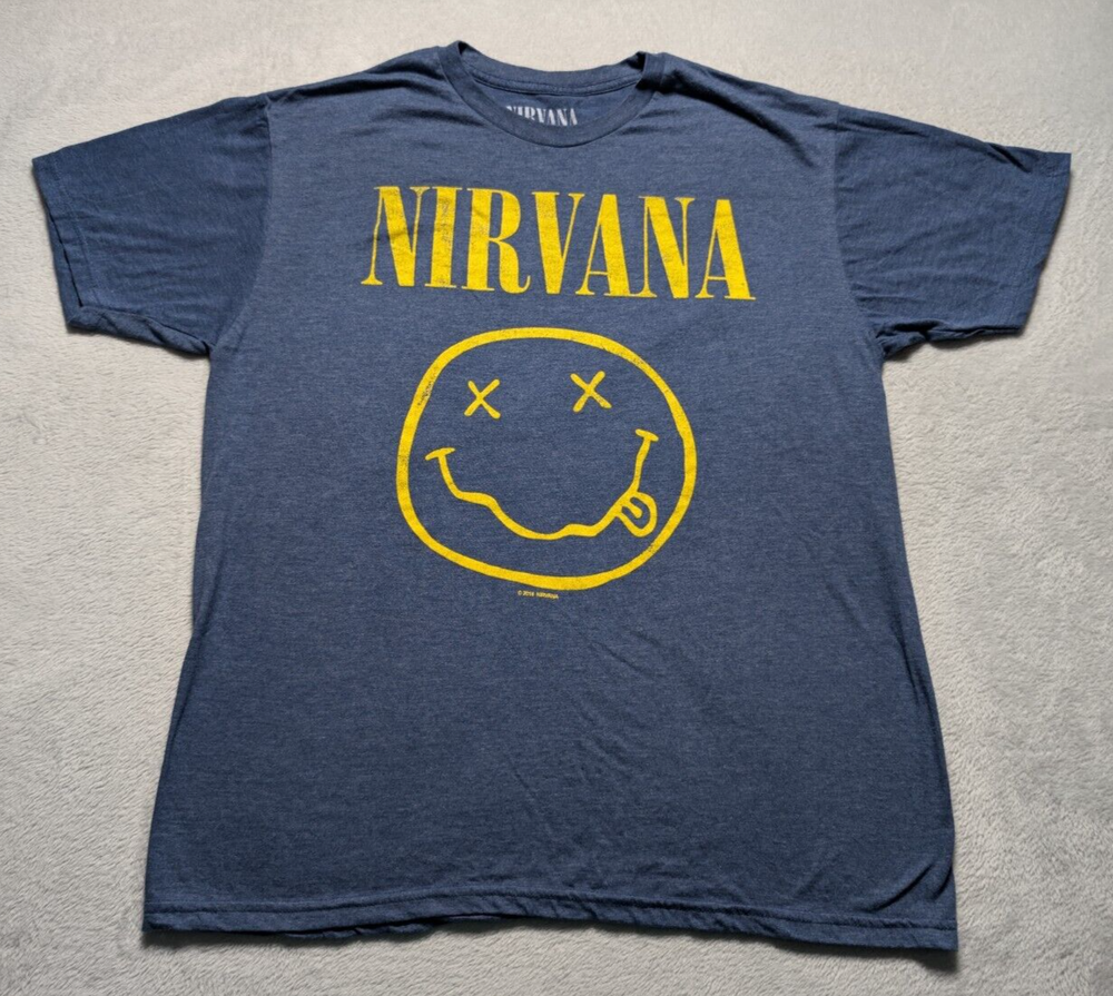 Nirvana Smiley Face Grunge Rock Band Logo Tee Large Blue 2018