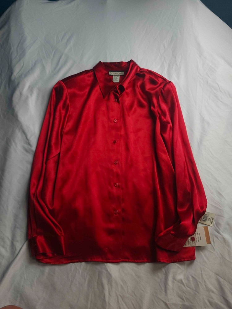 Notations Shirt Womens Large Red 100% Silk Button Up Long Sleeve Career Office