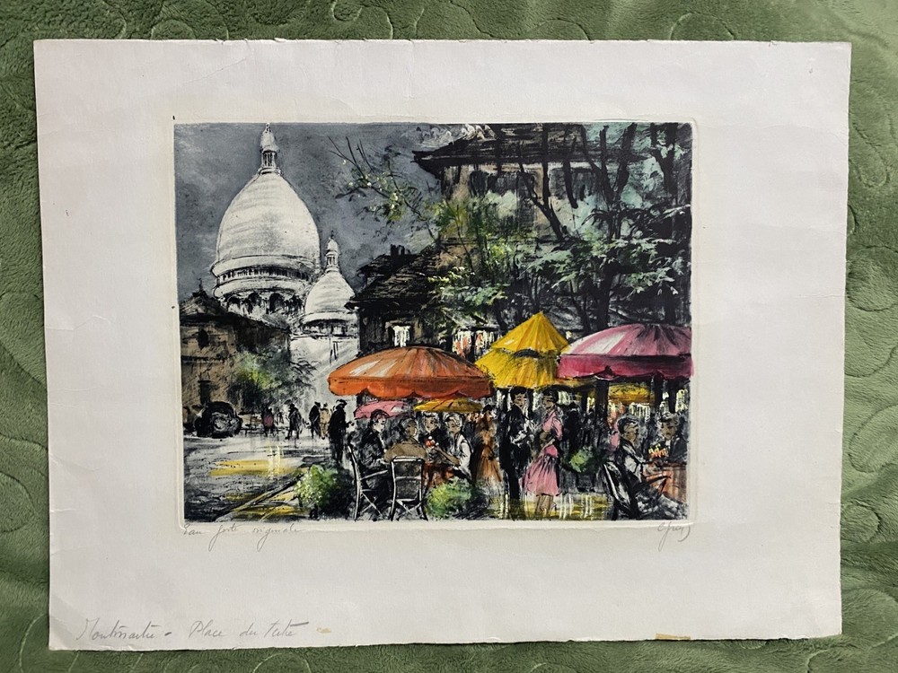Vintage Paris Etching: Sacré-Cœur & Café Scene, Signed, limited edition, 13x10