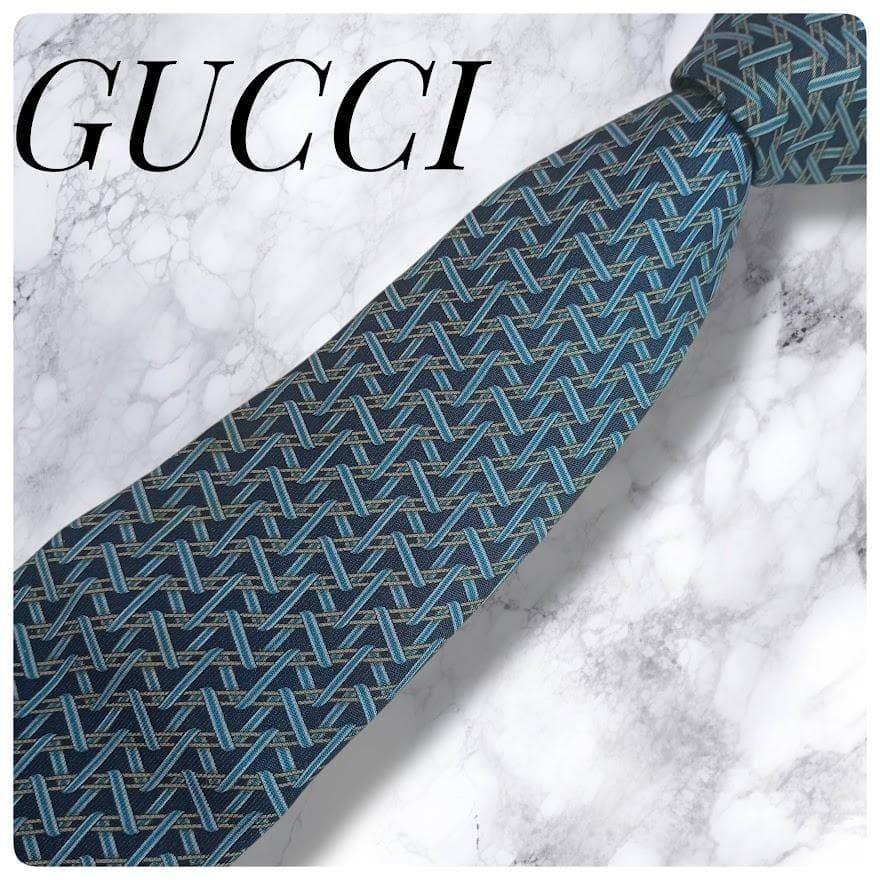 GUCCI Necktie Tie Blue All over pattern Men's 100% Silk Made in Italy Authentic