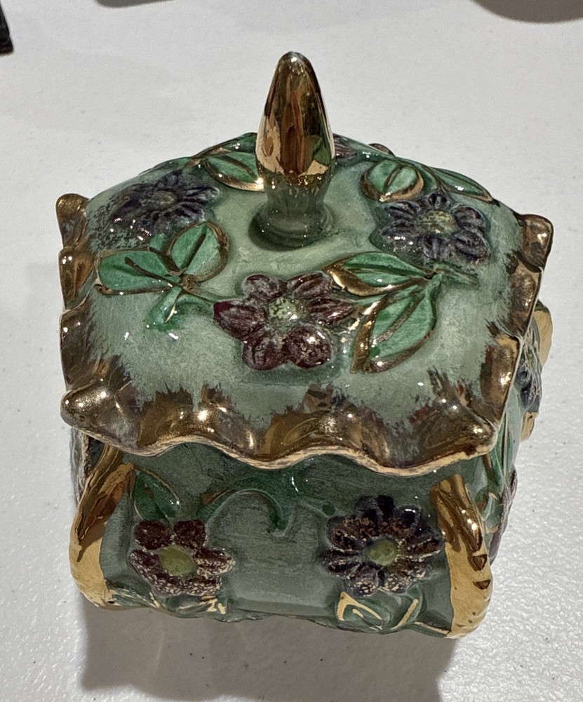 Norleans Japan Floral Trinket Box Rococo Style Gold Trim Vintage Ceramic