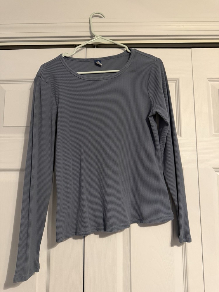 Women’s Blue Ribbed Knit Long Sleeve Crew Neck Pullover T-Shirt