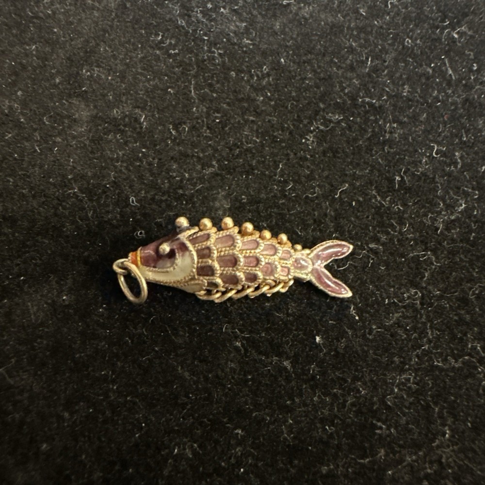 Vintage Cloisonné Enamel Articulated Koi Fish Necklace Pendant Charm Gold Purple