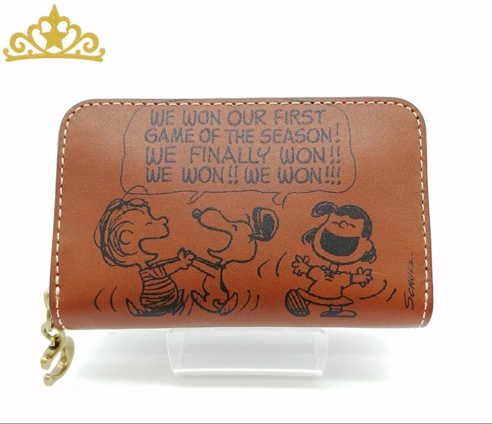 COACH Snoopy Peanuts Leather Card Case Compact Wallet Brown Ladies New