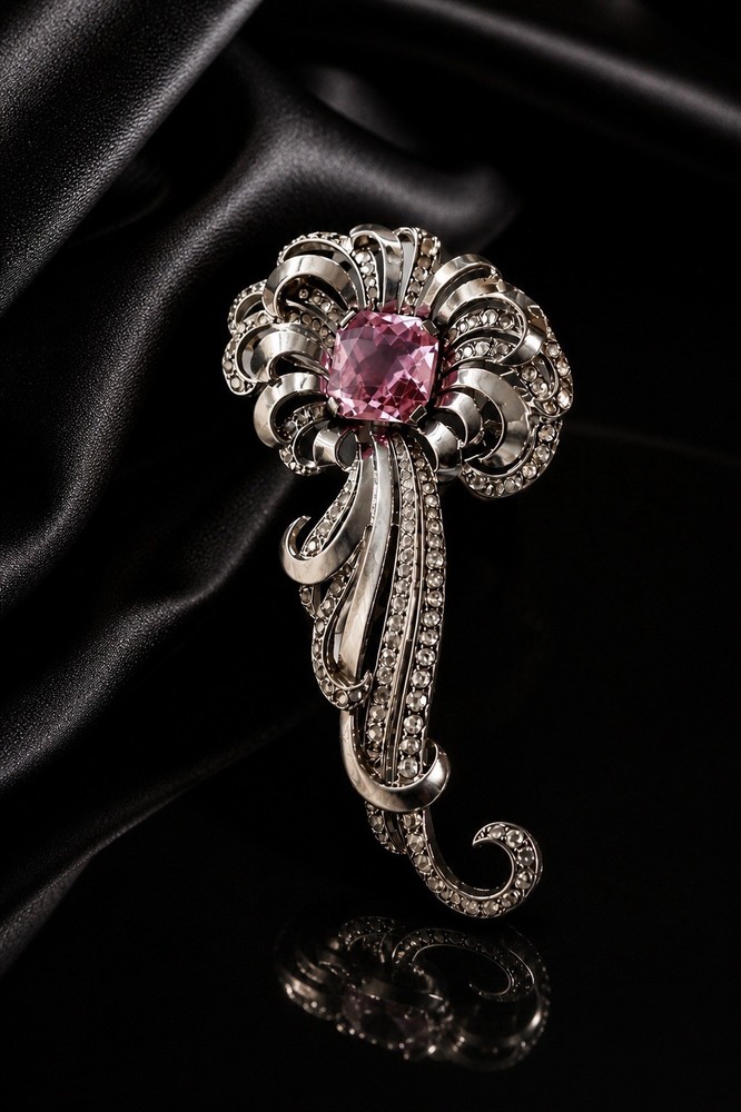 RARE Marcel Boucher 1940’s Sterling Pave and Pink Topaz Brooch Flower Swirl