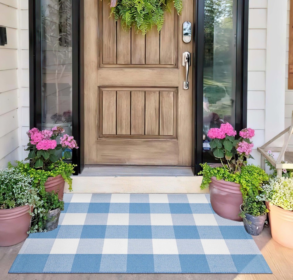 Light Blue and White Outdoor Rug 24''x35'' Buffalo Plaid Porch Mat Cotton Wov...