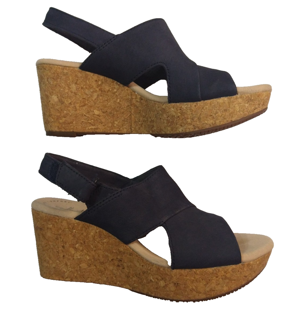 CLARKS Navy Cork Wedge Sandals Ultimate Comfort Size 6M
