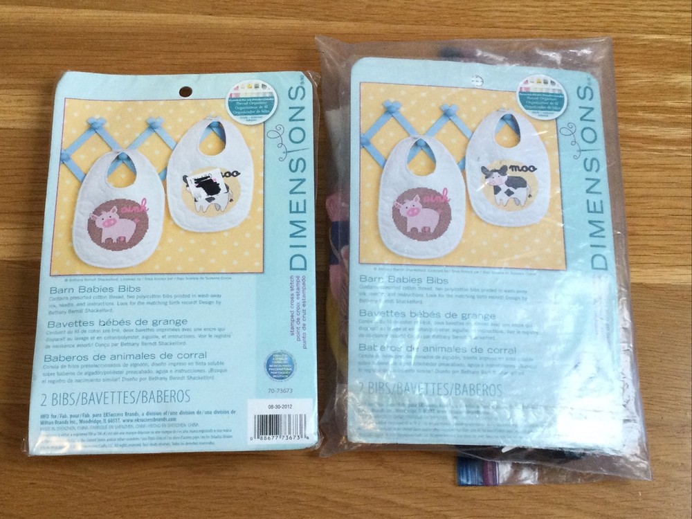 Dimensions Cutie Patootie Bibs Stamped Cross Stitch Kits BABY BIBS Cow & Pig Lot