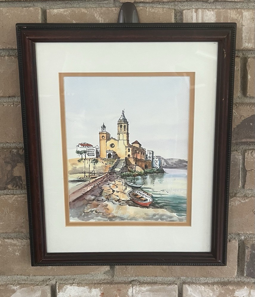 Hand Painted Watercolor Mediterranean Harbor Church Framed Coastal Art