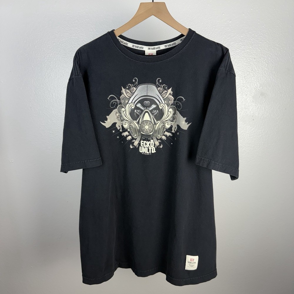 Vintage Ecko Unlimited Unltd Gas Mask Big Logo Double Sided Y2K T Shirt Size 2XL