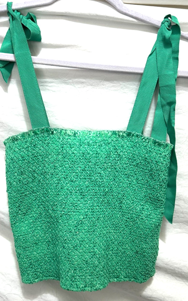 Alice + Olivia Penelope XS Green Smocked Cropped Tube Top With Straps/Zipper