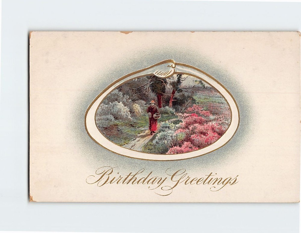 Postcard Birthday Greetings Countryside Scene Embossed Card