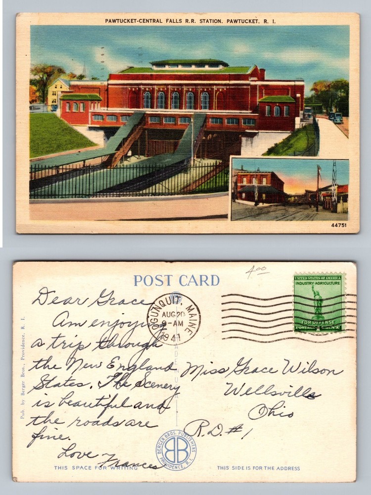 Pawtucket, RI-Rhode Island, Central Falls Station Post c1941 Vintage Postcard