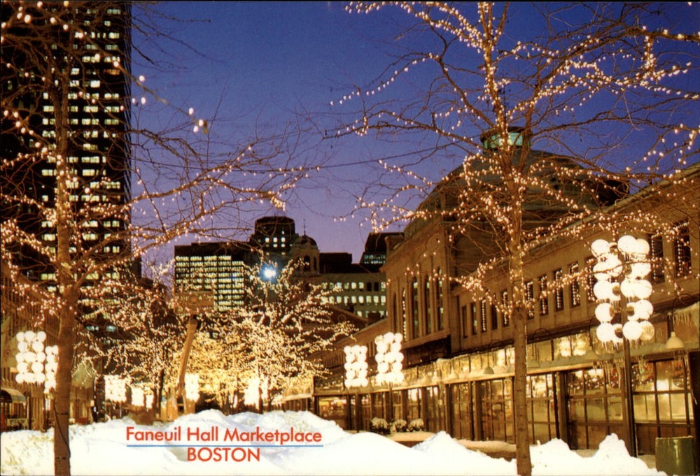 Massachusetts Boston Faneuil Hall Market place lights at night ~ postcard sku087