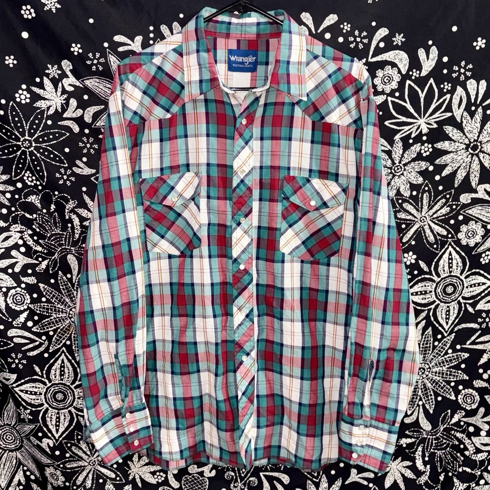 Wrangler Pearl Snap Multicolor Plaid Flannel Front Long Sleeve Men's XLT