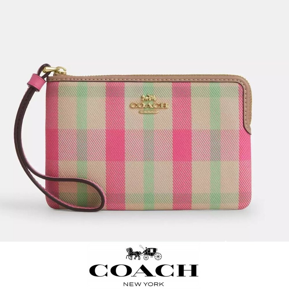 NWT ❤️ Coach Corner Zip Wristlet With Plaid Print