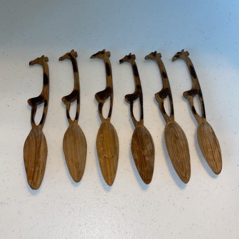 Vintage African Hand Carved Giraffe Wooden Spoons Set of 6 Spoon Giraffes