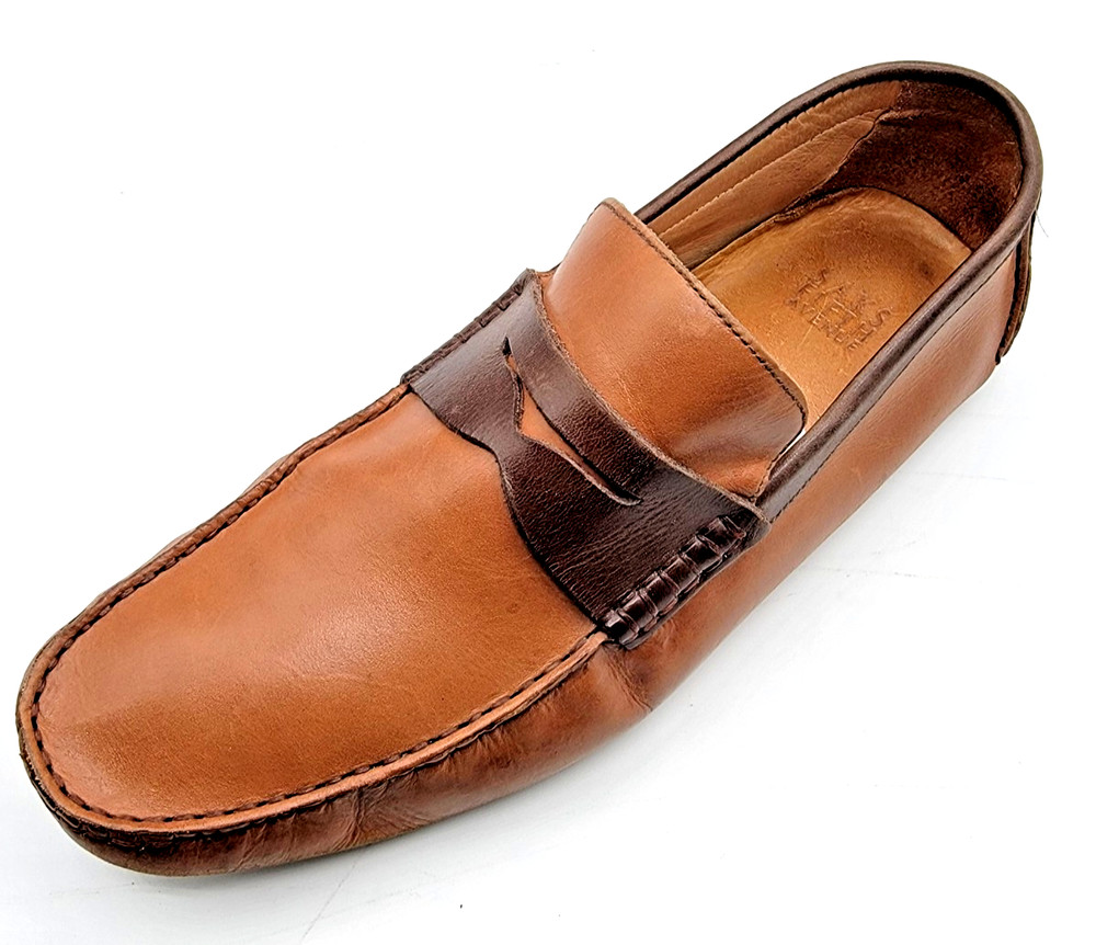 Saks Fifth Avenue Mens 10M Brown Black Leather Driving Penny Loafer Preppy Shoes