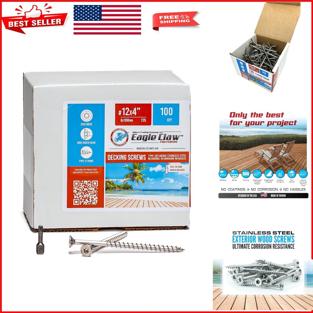 Type 17 Torx Drive 4 Inch Stainless Steel Screws - Rust-Free & Durable, 100 Pack