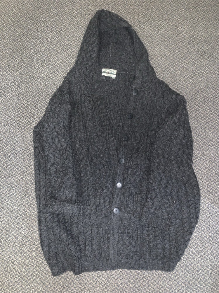 Aran Crafts Charcoal Gray 100% Merino Wool button up Hood Cardigan 2xl Ireland