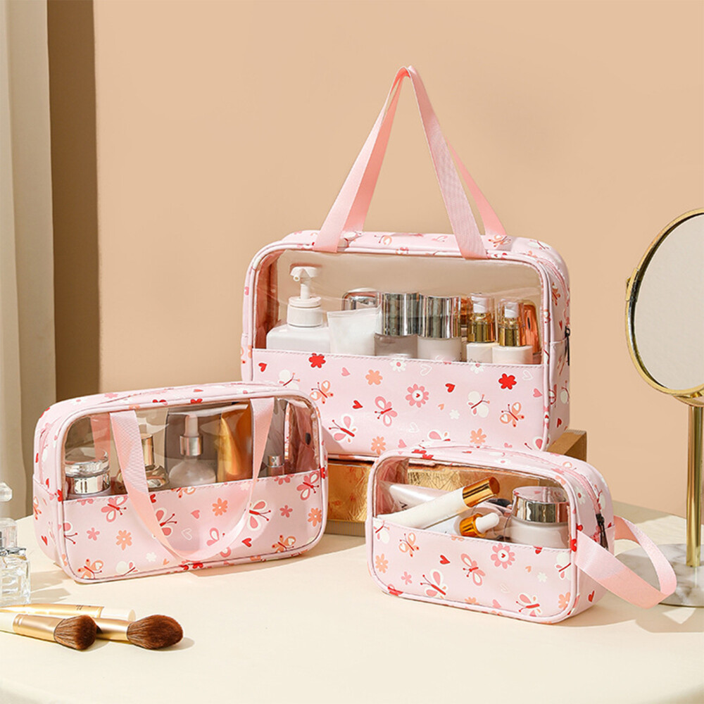 Waterproof PVC Fashion Clear with Pink Makeup Case Cosmetic Bag Tote with Strap