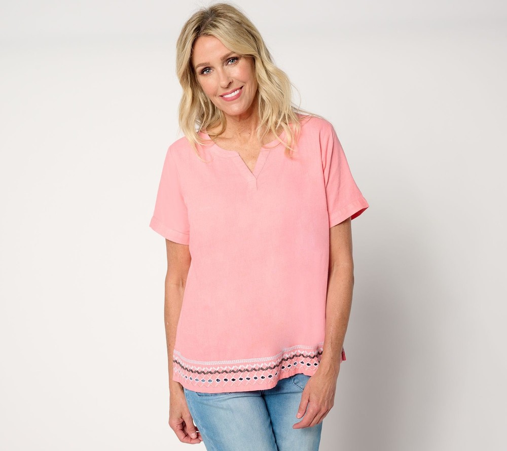 Denim & Co. Women's Top Sz M Naturals Linen Blend Embroidered Pink A672166