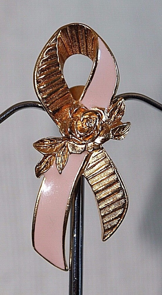 Vintage Avon Breast Cancer PINK RIBBON Brooch Rose Flower Lapel Pin 1996