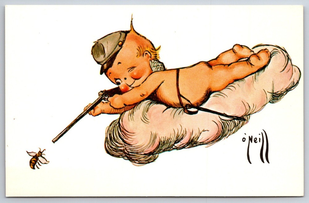 Rose O'Neill Kewpies Reprint~Cupid On Cloud W/ Hat Rifle & Wasp~1970s Postcard