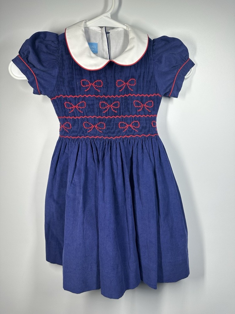 Anavini Dress Girls 4 Navy Hand Smocked Corduroy Floral Holiday Peter Pan Collar