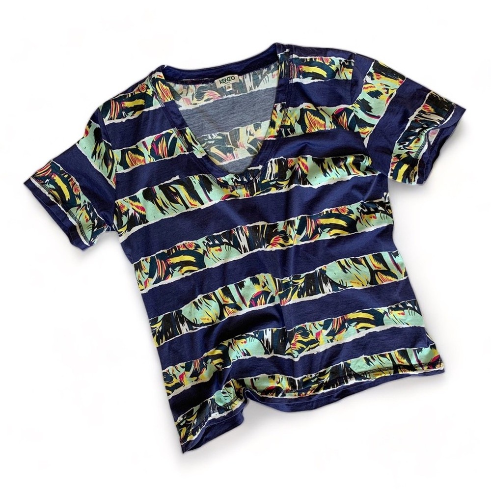 Y2K VTG Kenzo Paris Graphic Striped Cotton T-Shirt XL 90s Abstract Floral Navy-image
