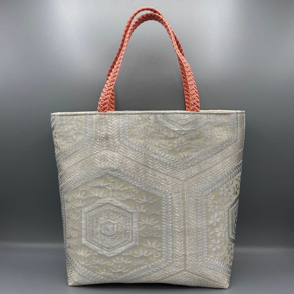 Japanese Kimono Obi Tote Bag with Silver Pink Embroidery Handmade