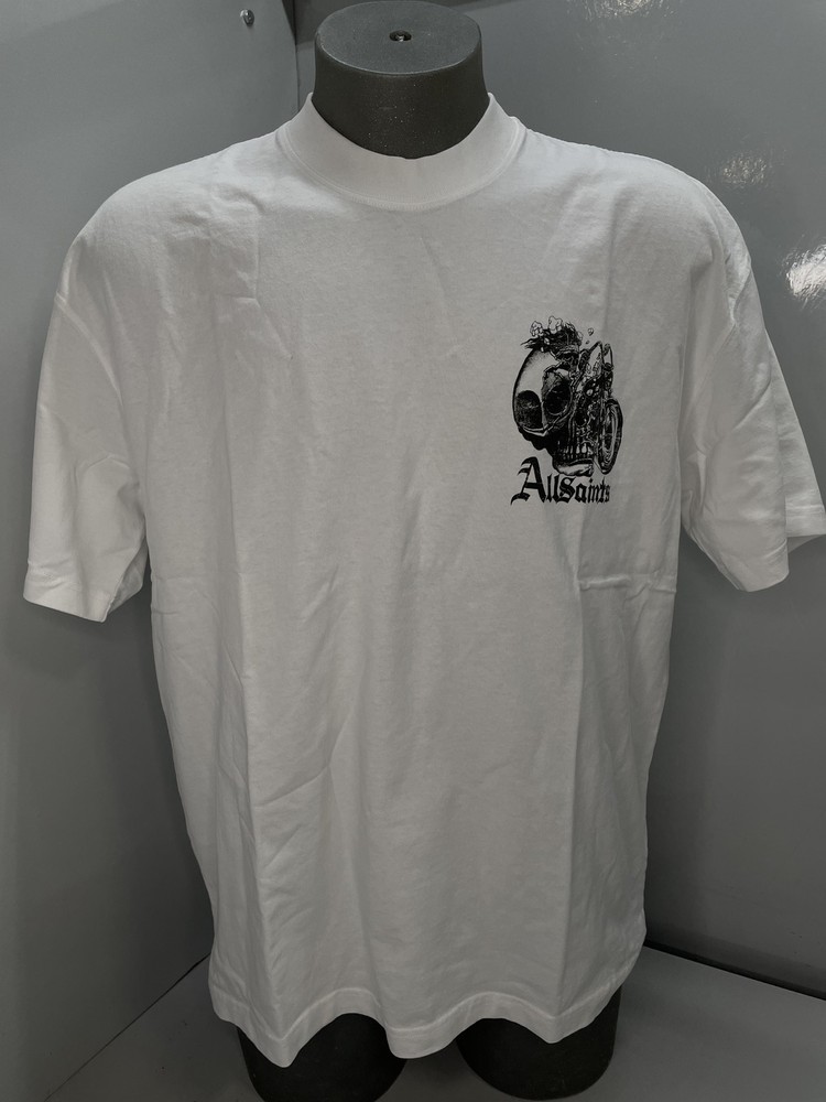 AllSaints Mens T-Shirt Optic White Size M Panhead Oversized Graphic Short Sleeve