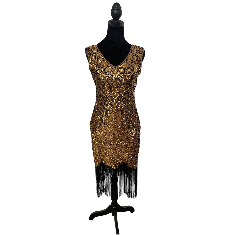 Sparkling Gold Black Sequin Fringe Flapper Dress Gatsby Roaring 20s Costume XS