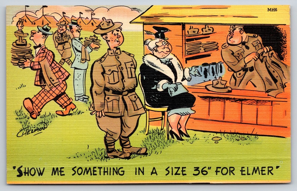 Military Comic~Soldiers Getting Uniform Something In Size 36~Vintage Postcard