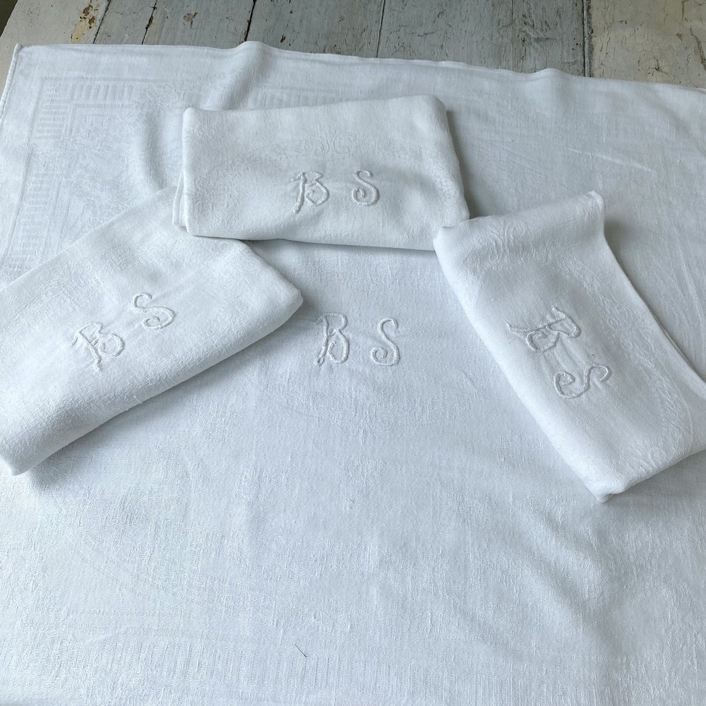 Set of 4 Antique French Napkins white hand stitched BS monogram early 1900s Lin