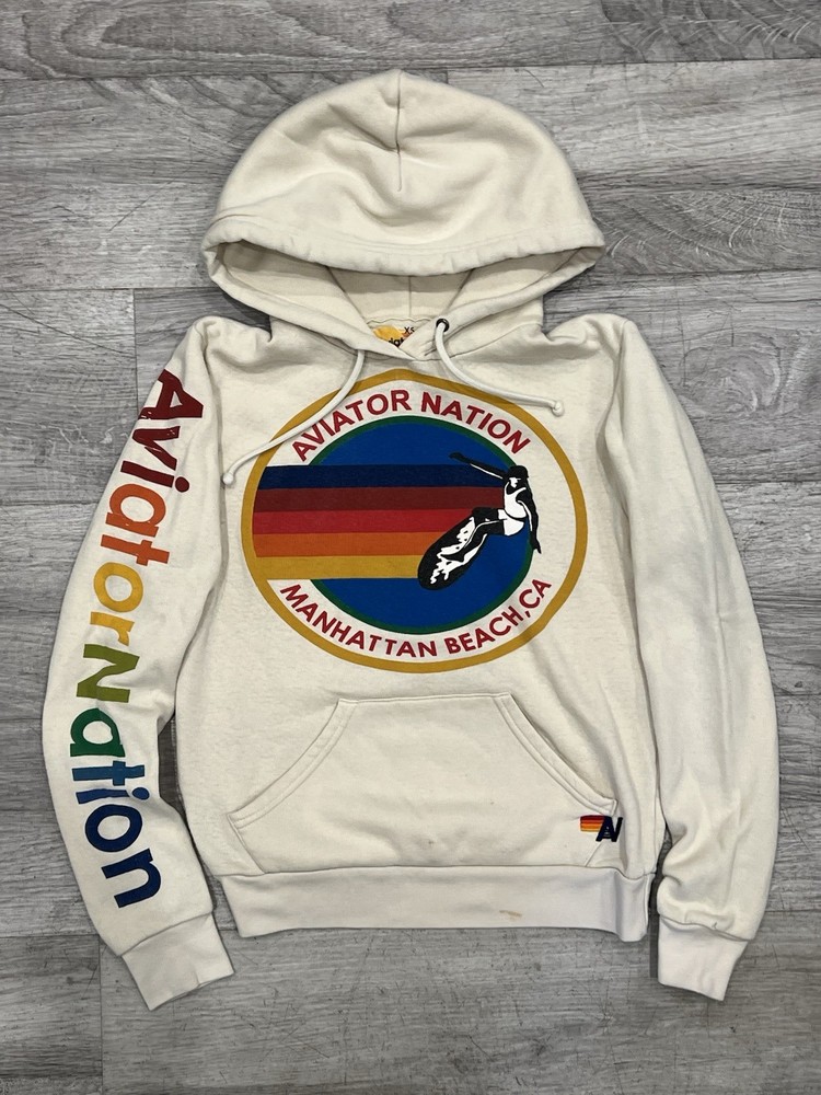 Aviator Nation Manhattan Beach Pullover Hoodie Ivory Cream Size XS