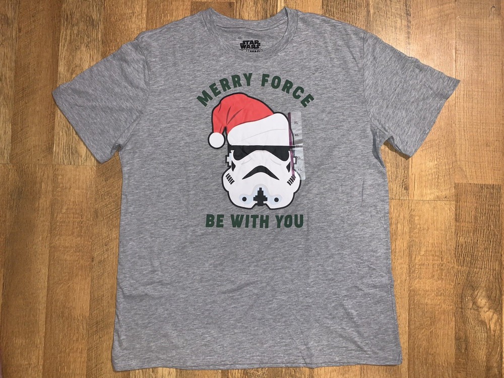 Star Wars Merry Force Be With You Men's T-shirt Gray Christmas Santa Hat Size XL
