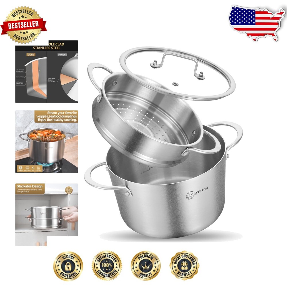 5QT Tri-Ply Stainless Steel Stock Pot with Steamer - Induction Ready & Oven Safe