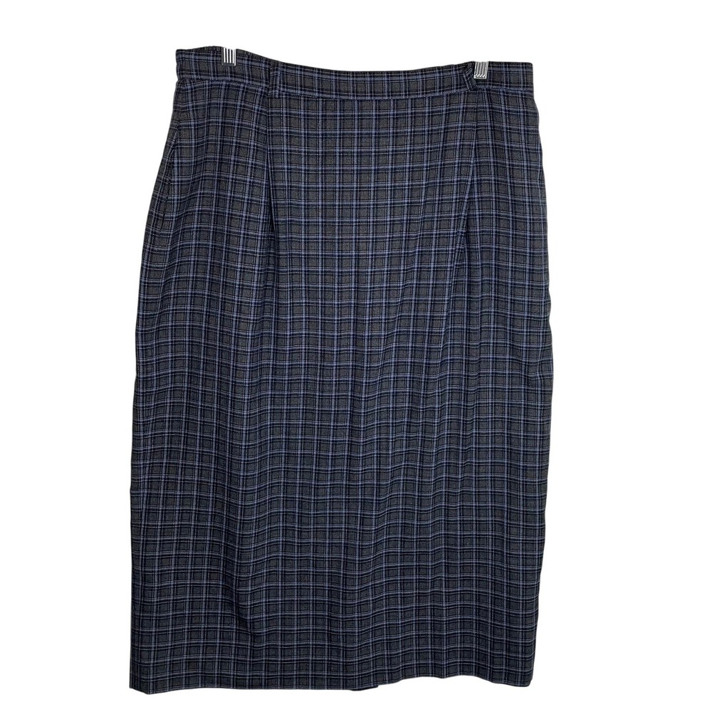 David Brooks 100% Wool Gray Blue Plaid Lined Skirt Vintage Preppy Academia Style