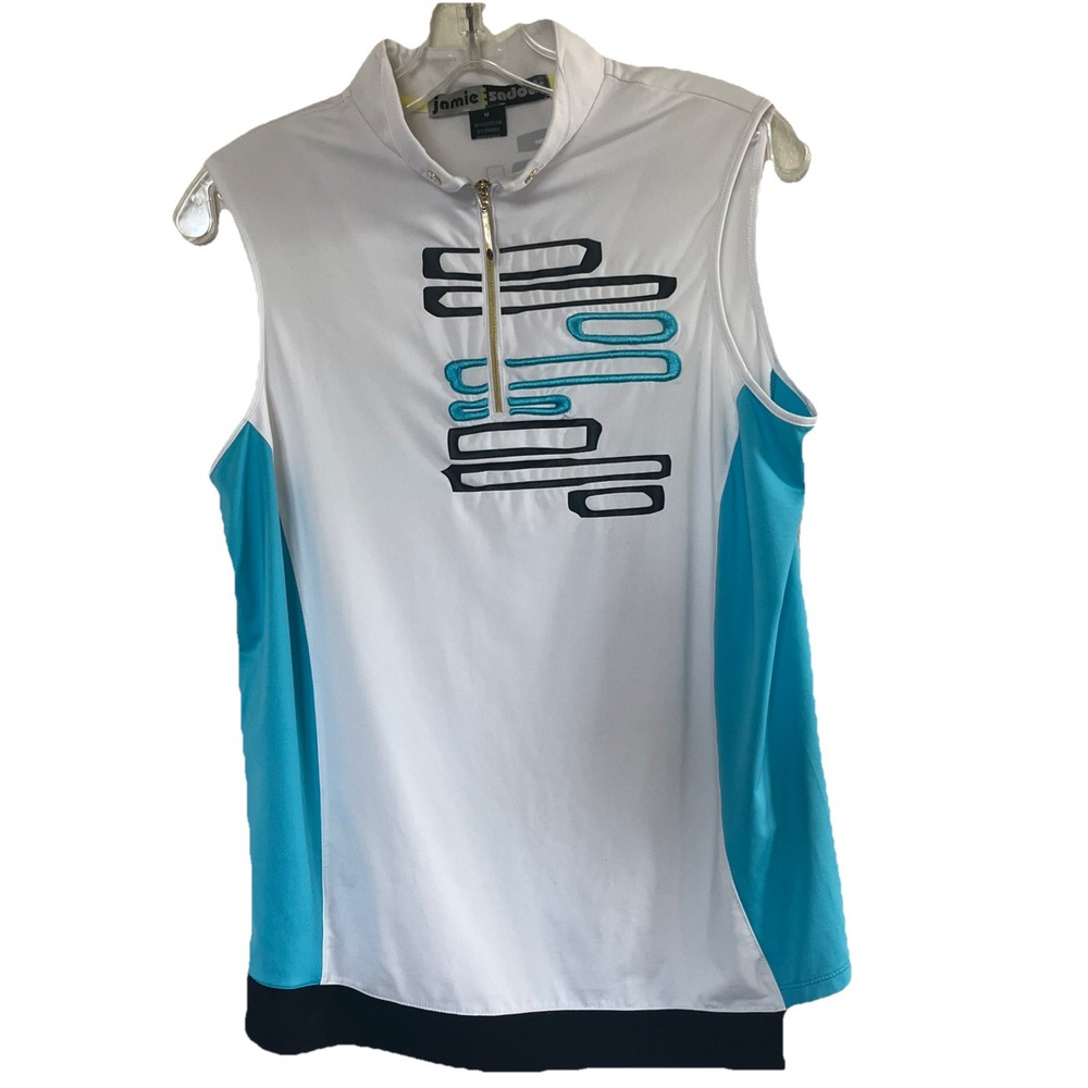 Jamie Sadock Golf Top Blouse Women's Medium Teal Black Sleeveless Quarter Zip