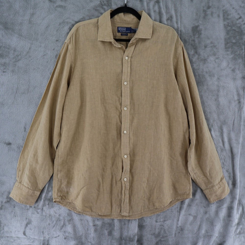 Polo Ralph Lauren Linen Button Down Mens XL Tan Classic Fit Coastal $130 NWOT