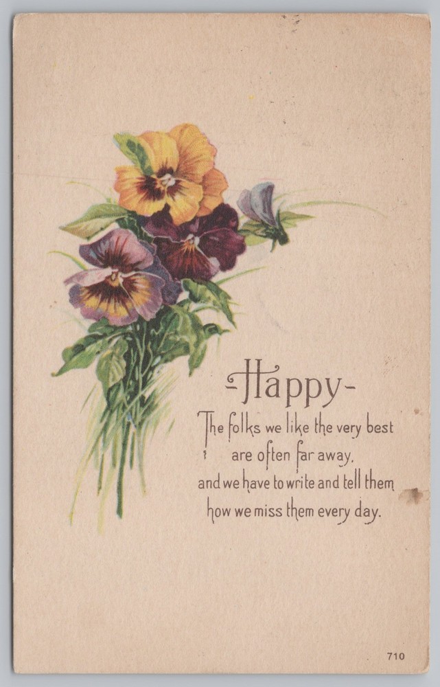 Greetings~Happy Yellow Purple Pansies Miss You Every Day~Karle~1926 Postcard