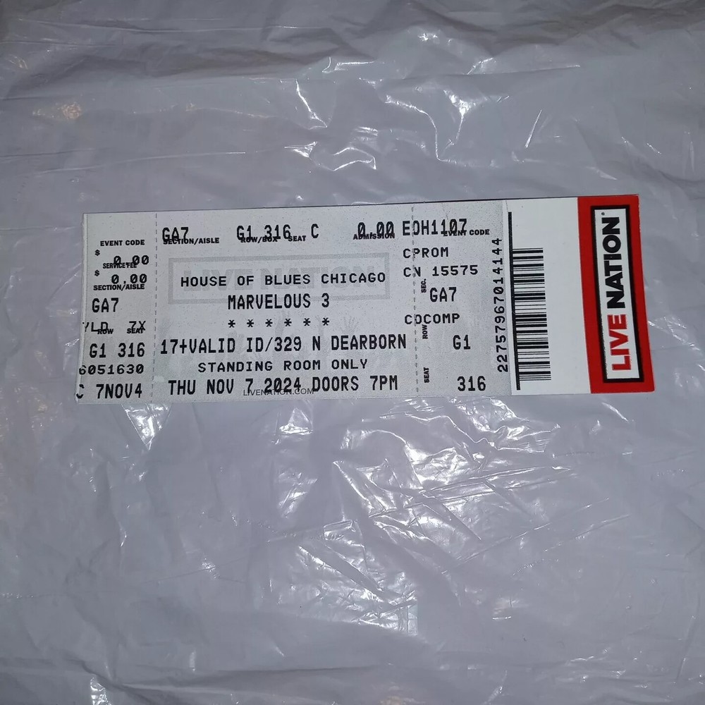 MARVELOUS 3 & LIT Chicago House Of Blues 11/7/2024 2024 Tour RARE Concert Ticket