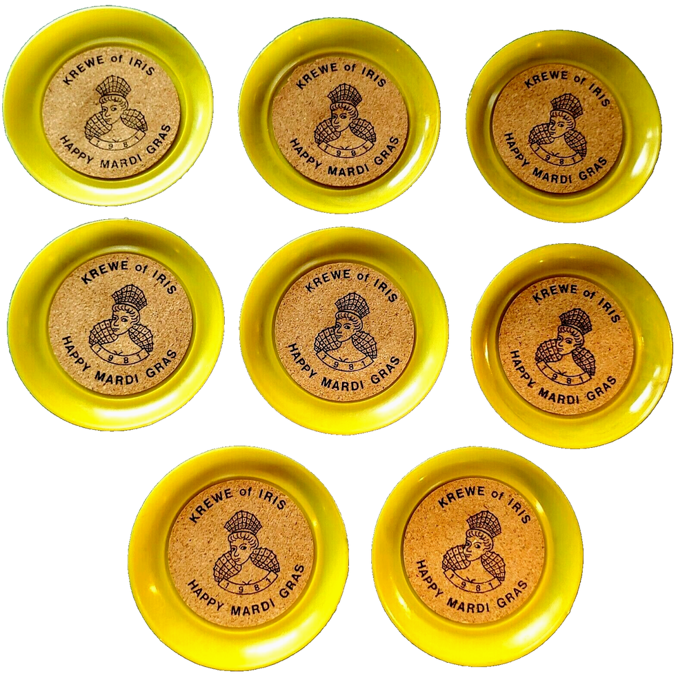 VTG 70's Set  of 8 KREWE OF IRIS Plastic & Cork COASTERS Parade Throw MARDI GRAS
