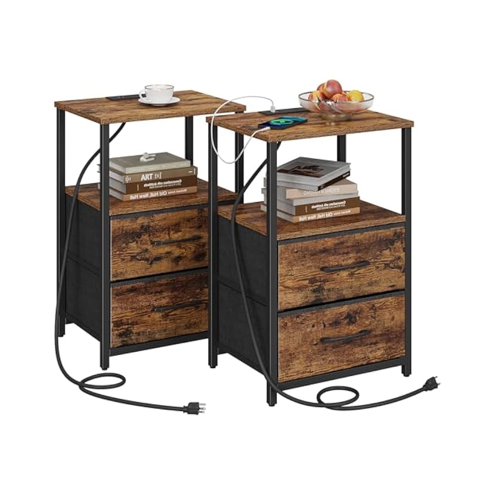 Modern Brown Nightstand Set of 2 with USB Charging and Storage