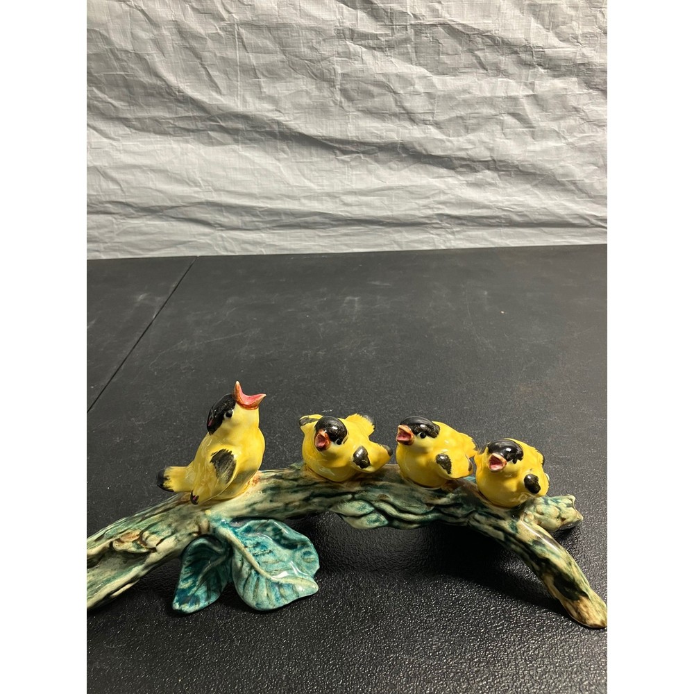 Vintage Ceramic Yellow Finch Birds on Branch Figurine Glossy Glaze Collectible
